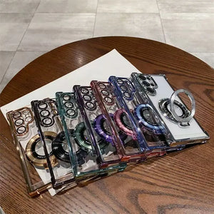 Set of colorful Clear Samsung Galaxy case with electroplated frame and magnetic ring stand on a wooden table