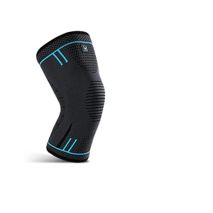 Black knee brace with blue accents on a white background, featuring text about material and size.