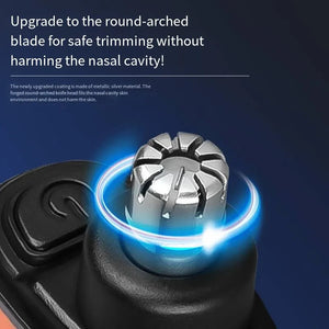 Metallic silver blade nose hair trimmer with text on a dark background
