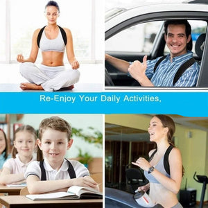 Collage of people in various activities with text promoting a Adjustable upper back support strap for shoulder alignment and daily posture comfort