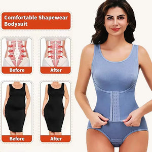 Woman wearing a blue women tummy control bodysuit shapewear with before and after images on a white background
