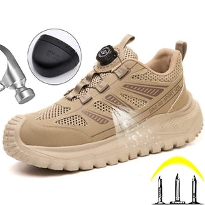 Beige work shoe with a detailed sole and hammer graphic on a white background
