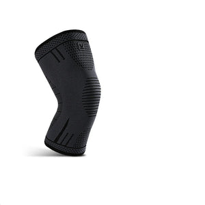 Black knee brace with silicone non-slip and 3D high elastic knitting features on a white background.