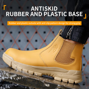 Yellow work boot with antiskid rubber and plastic base on a metallic surface.