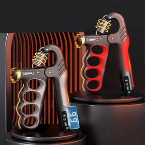 Two Adjustable hand grip strengthener for finger, hand, and forearm workouts with digital display on a dark background