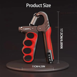 Red and black hand grip trainer with measurement details on a dark background