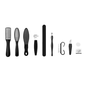 Set of black foot care tools with images of people and foot types above them.