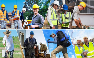 Collage of construction workers in various settings wearing safety gear.