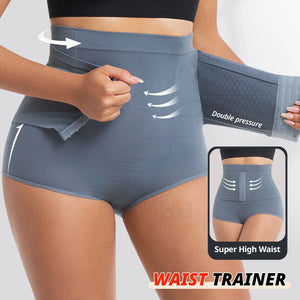 Gray waist trainer being worn with a close-up inset showing 'Double pressure' and 'Super High Waist' text.