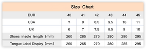 Size chart showing shoe size conversions between EUR, USA, and UK.