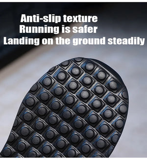 Close-up of a shoe sole with anti-slip texture and text highlighting safety benefits.