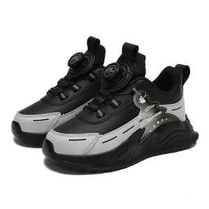 Black and gray sneakers with a brand logo on a white background