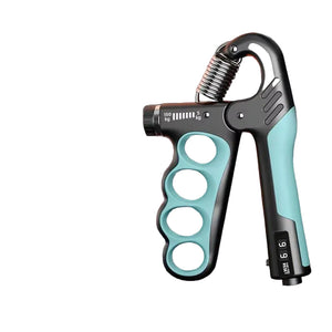 Blue and black mechanical counting gripper on a gray background