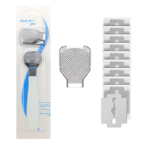 Pedicure tool set with a roller and multiple replacement heads on a white background