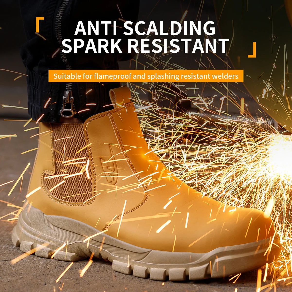 Yellow work boot with sparks in the background, labeled 'Anti Scalding Spark Resistant'.