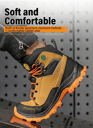 Black and brown safety boot with orange sole on a metallic background