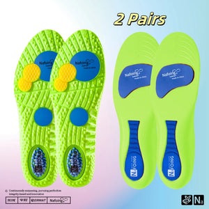 Two pairs of green and blue foot insoles on a gradient background with 'Nafcing' branding.