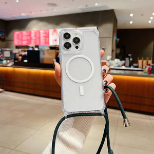 Person holding a Shockproof Magnetic Clear iPhone Case with Hanging Rope Cover in a restaurant setting