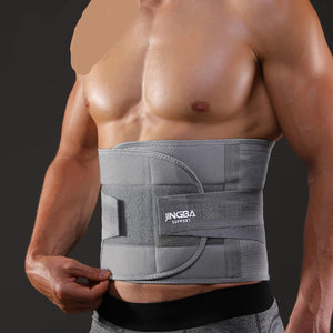 Person wearing a gray waist support brace with JINGBA branding on a dark background