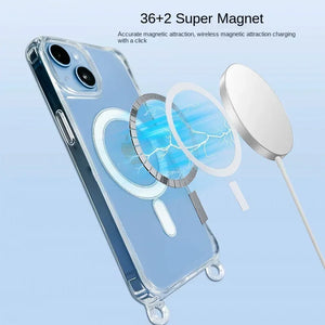 iPhone case with magnetic ring and text about 36+2 Super Magnet feature on a light blue background