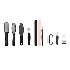 Set of foot care tools with examples of users on a white background