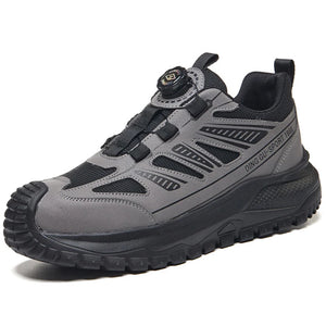 Black safety work shoe sneaker on a white background