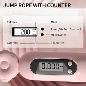 Digital jump rope with calorie counter and display on a pink background