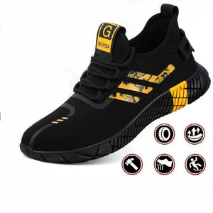 Black Guysa athletic sneaker with yellow and camouflage patterned accents, shown on a white background with certification badges, feature icons, and a 'Ready to ship' banner.