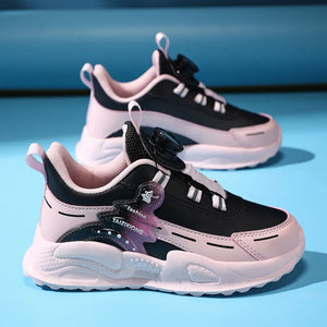 Black and pink sneakers with a visible brand logo on a blue background