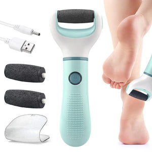 foot care tool with USB cable and replacement rollers on a white background