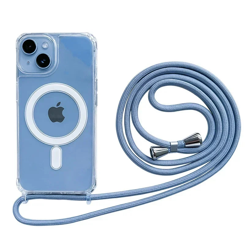 Blue Crossbody Magnetic Clear iPhone Case with Lanyard Hard PC Back Cover on a white background