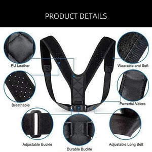 Black Breathable back support strap for shoulder alignment and daily posture comfort with detailed features on a white background