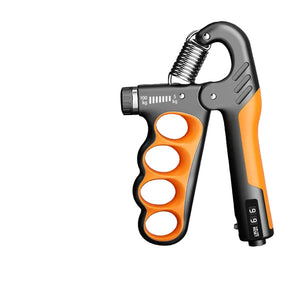 Orange and black mechanical counting gripper on a dark background