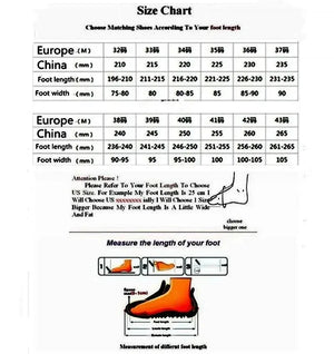 Size chart for shoes comparing European and Chinese measurements with foot length and width details.