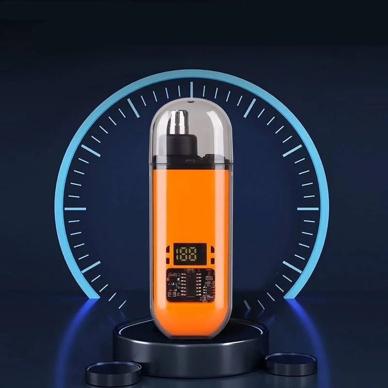 Orange nose hair trimmer with a clear dome on a dark background