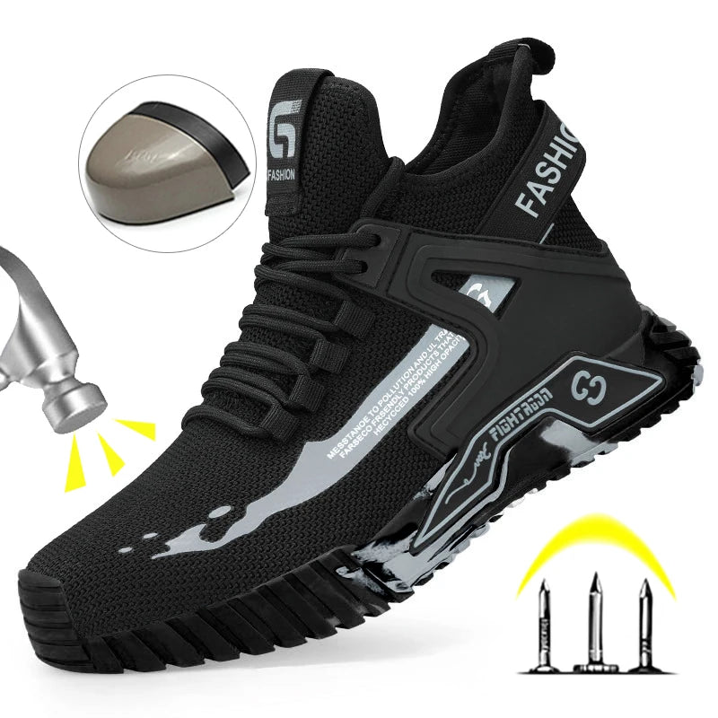 Black and gray safety shoe with highlighted features on a white background