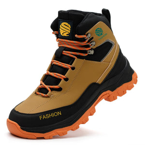 Brown safety work boot with orange accents on a white background
