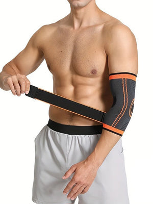 Man wearing an elbow brace on a white background