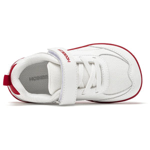 A white baby sneaker with red accents, featuring a hook-and-loop strap with 'hossey' printed in red on the side, a red heel pull tab, and a red outsole edge, shown from a side profile view on a white background.