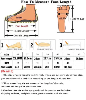 Chart showing how to measure foot length with illustrations and a size chart.