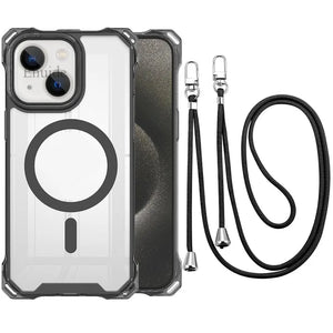 iPhone case with magnetic design and lanyard on a white background