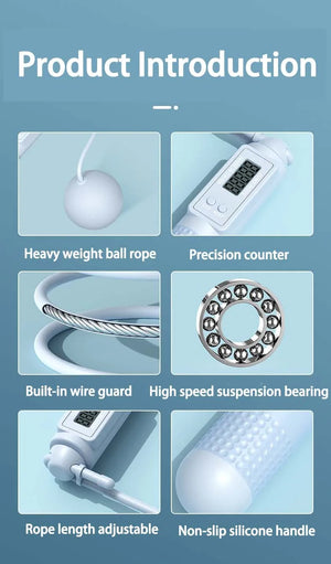 Smart jump rope Product introduction with features of a device on a blue background