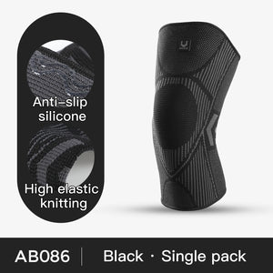Black knee brace with packaging highlighting features on a white background
