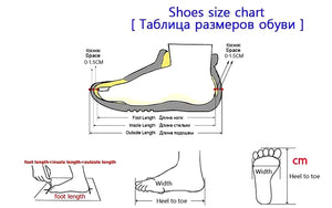 Shoe size chart with foot measurements and dimensions on a white background