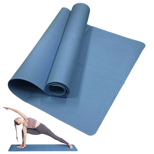 Blue yoga mat with a person in a yoga pose on a white background