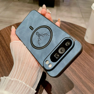 Person holding a blue Leather Magnetic Case for Pixel with a design on a wooden table