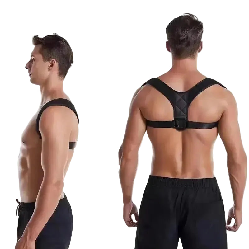 Black Breathable back support strap for shoulder alignment and daily posture comfort worn by a man, showing front and back views.