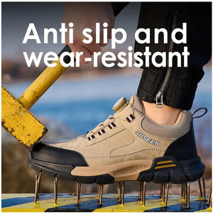 Beige work boot with anti-slip spikes on a blurred outdoor background