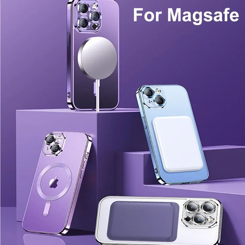 Luxury Plating Magnetic MagSafe Transparent iPhone Case with Lens Protector