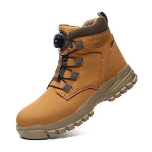 Tan work boot with brown accents on a white background